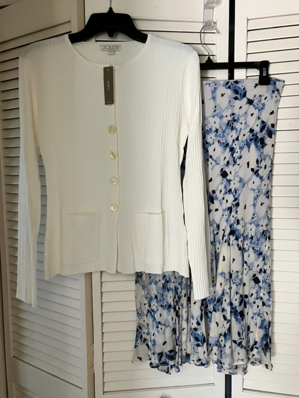 J. Crew Cream Ribbed Button Cardigan with Blue Floral Midi Skirt